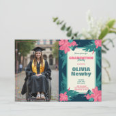 🎓Mit QR-Code Tropical Bloom Foto Einladung (Stehend Vorderseite)