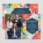 🎓Mit QR-Code Tropical Bloom Foto Einladung (Vorne/Hinten)