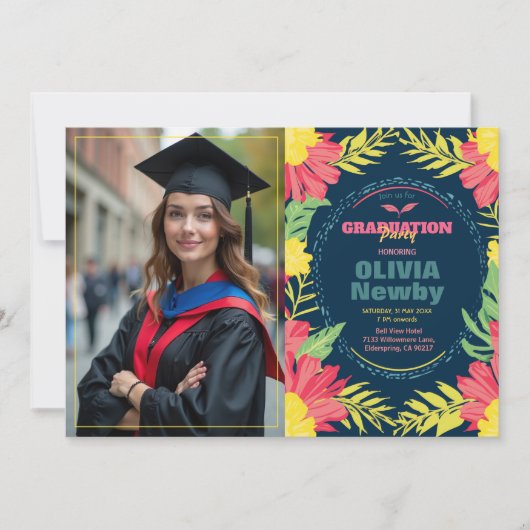 🎓Mit QR-Code Tropical Grad Bloom Einladung (Vorderseite)