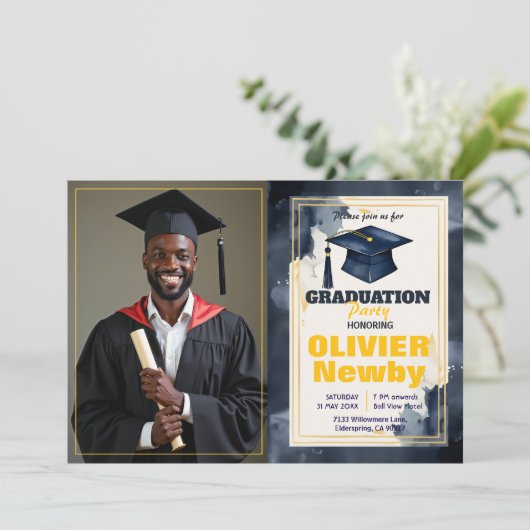 🎓Mit QR-Code Wasserfarbe Split-Layout Abschluss Einladung (Stehend Vorderseite)