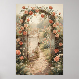 Mit Rosen bedeckte Gartenpforte im Landhausstil al Poster