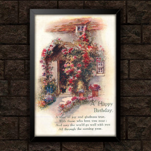 Mit Rosen bedeckte Hütte Vintage 1920 Geburtstag Poster