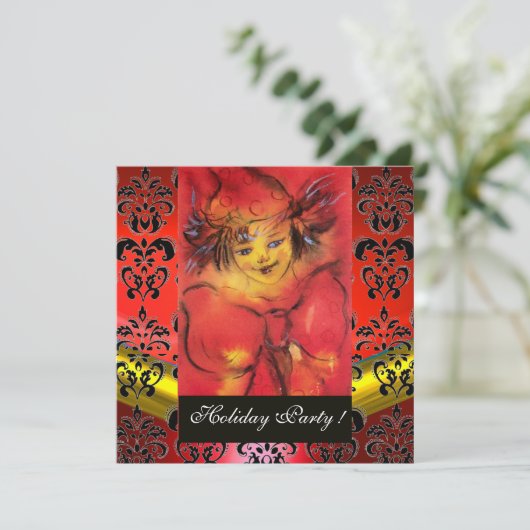 MIT ROTER BOW SCHWARZ GOLD DAMASK MONOGRAM Ruby GE Einladung (Stehend Vorderseite)