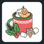 Mit Schneefall-Kakaoanrufen wärmen - Winter Drink Quadratischer Aufkleber<br><div class="desc">Erfrischung mit unserem "Snow Fall Cocoa Calls" Design! Mit einer Tasse Kakao mit niedlichem Lebkuchenmann, Schneeflocken und Weihnachtsdekor ist dieses Design perfekt für T - Shirt, Tasse und festliche Wohngestaltung. Ein gemütliches Winterkunstwerk, das sich ideal für diejenigen eignet, die heiße Drinks und Ferien in Liebe haben. #WinterCocoa #HolidayDrinks #ChristmasVibes #CozyCocoaArt...</div>