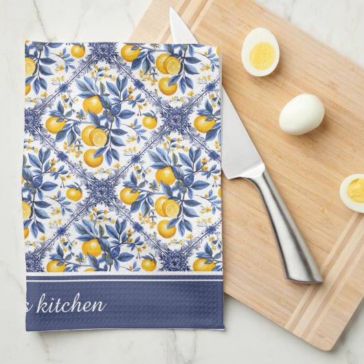 Mit Text 🍋 Lemon Azulejo mit blauen Elementen Geschirrtuch (Viertel Falte)