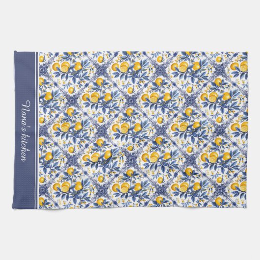 Mit Text 🍋 Lemon Azulejo mit blauen Elementen Geschirrtuch (Horizontal)