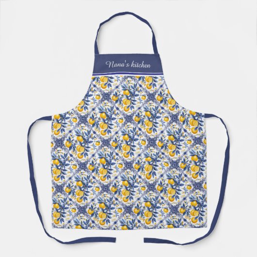 Mit Text 🍋 Lemon Azulejo mit blauen Elementen Schürze (Vorderseite)