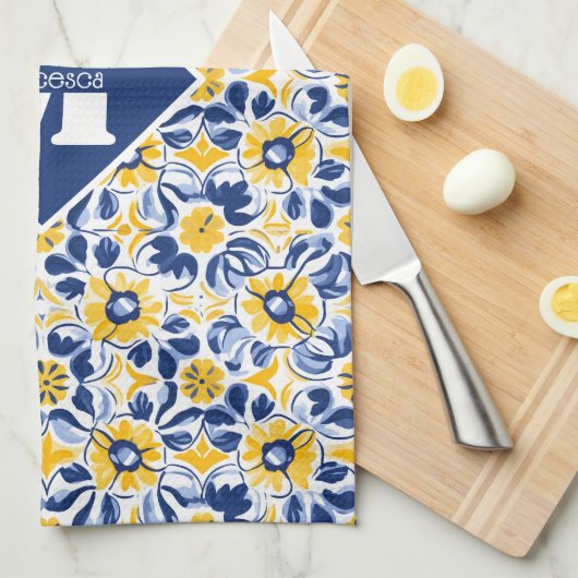 Mit Text und 💛 💙 Blau und Gelb, Blumen Geschirrtuch (Viertel Falte)