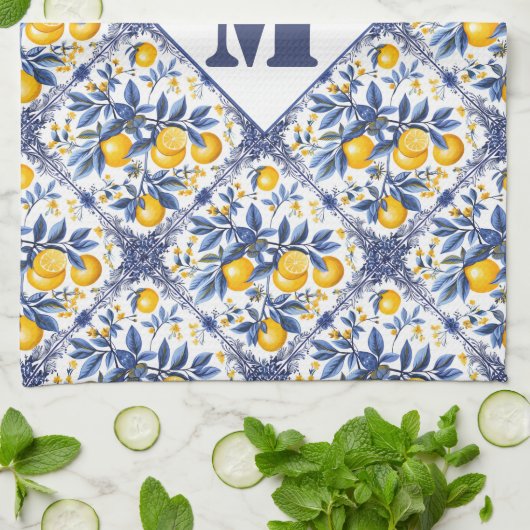 Mit Text und 🍋 Lemon Azulejo in blau Geschirrtuch (Gefaltet)