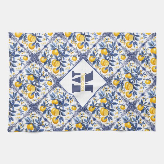 Mit Text und 🍋 Lemon Azulejo in blau Geschirrtuch (Horizontal)