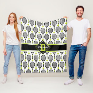 Mit Text 🎾 und Monogramm Schwarz und Grün, Tennis Fleecedecke