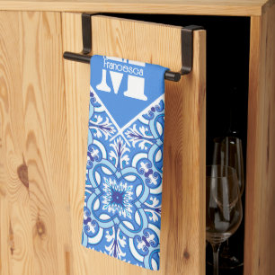 Mit Text und 🤍 💙 Weiß und Blau Azulejos Geschirrtuch
