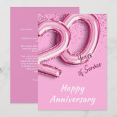 Mitarbeiter Jahrestag 20 Jahre Pink Balloon Card Einladung (Vorne/Hinten)