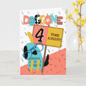 Mitarbeiter Jubiläum 4 Jahre Comic Hund Karte (Gelbe Blume)