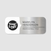 Mitarbeiter Weiß Metallic Silber Logo Magnetisch Namensschild (Vorderseite)