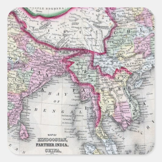 Mitchell Map | Indien, Tibet, China & SE Asien Quadratischer Aufkleber (Vorderseite)