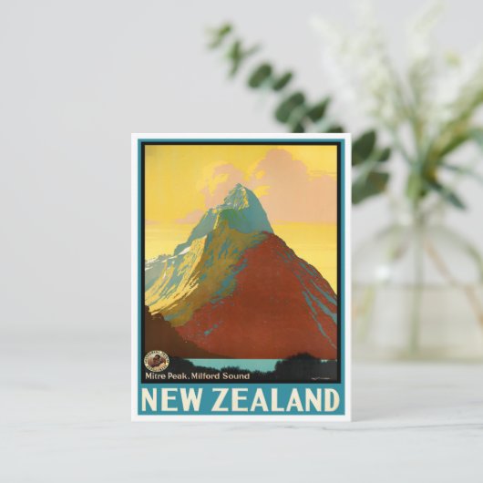 Miter Peak Neuseeland Vintage Reise Postkarte (Stehend Vorderseite)