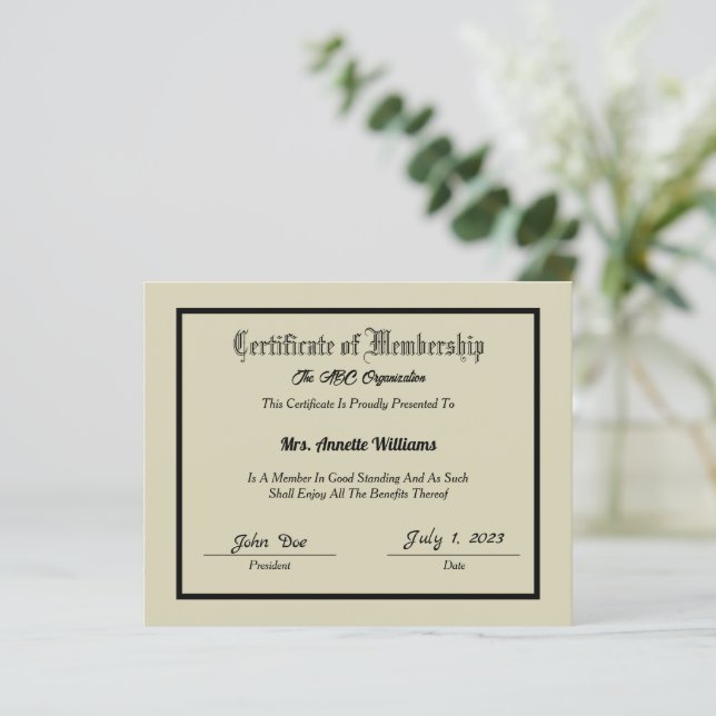 Mitgliedschaftszeugnis (Stehend Vorderseite)