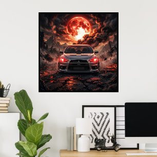 Mitsubishi Lancer Evo 10 unter einem karmesinroten Poster