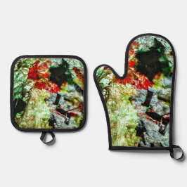 Mitt mit Holzofen, weiß, abstrakt Ofenhandschuh & Topflappen-Set