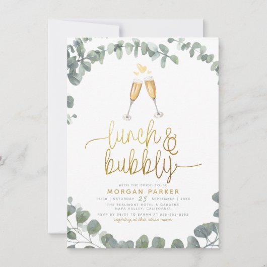 Mittagessen & Bubbly Eukalyptus Grünes Brautparty Einladung (Vorderseite)