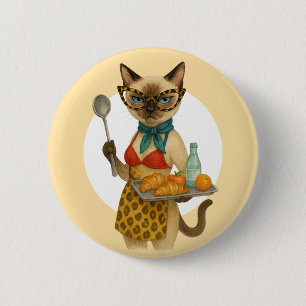 Mittagessen-Lady serviert Essen für Katzenliebhabe Button