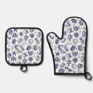 Mitte aus Blauer und Weißer Fisch Ofenhandschuh & Topflappen-Set