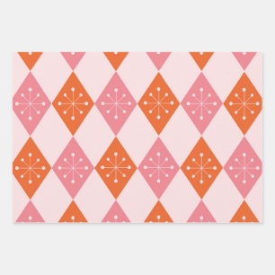 Mitte des Jahrhunderts Atome Sterne auf Orange Pin Geschenkpapier Set