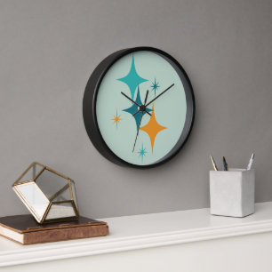 Mitte des Jahrhunderts Atompunkt Teal, Aqua, Orang Uhr