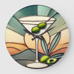 Mitte des Jahrhunderts Buntglas 2 Olive Martini Große Wanduhr