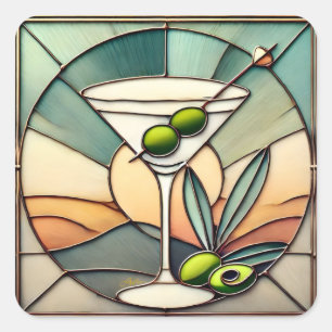 Mitte des Jahrhunderts Buntglas 2 Olive Martini Quadratischer Aufkleber