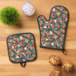 Mitte des Jahrhunderts geometrisches Türkis- und O Ofenhandschuh & Topflappen-Set