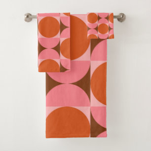 Mitte des Jahrhunderts Kreise und Quadrate Pink Or Badhandtuch Set