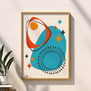 Mitte des Jahrhunderts Modern Atom Blau Rot Orange Poster