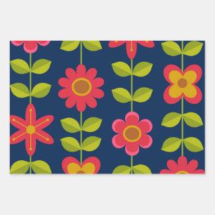 Mitte des Jahrhunderts moderne rote Blumen mit Blä Geschenkpapier Set