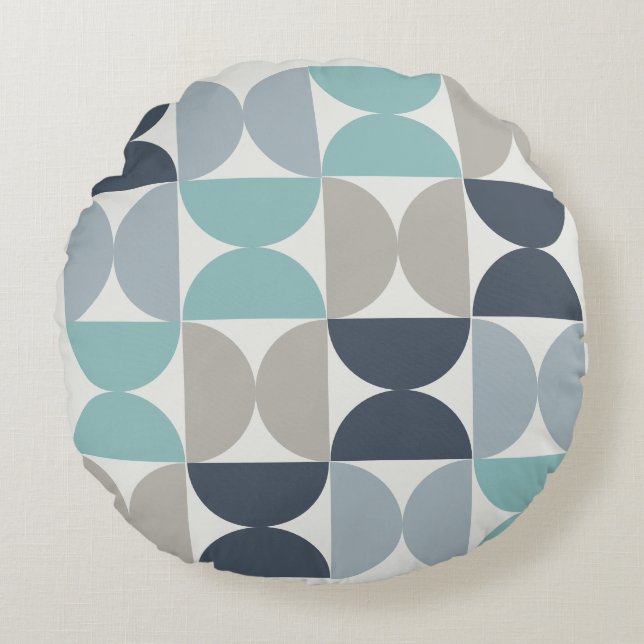 Mitte des Jahrhunderts Modernes Blau und Grau Rundes Kissen (Vorderseite)