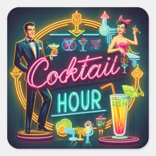 Mitte des Jahrhunderts Neon Schild Cocktailstunde  Quadratischer Aufkleber