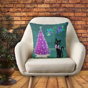 Mitte des Jahrhunderts Rosa Baum Schwarze Katze Tü Kissen
