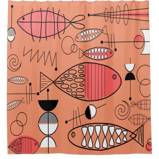Mitte- des Jahrhundertsmoderne Kitschy Fisch-Kunst Duschvorhang (Vorderseite)