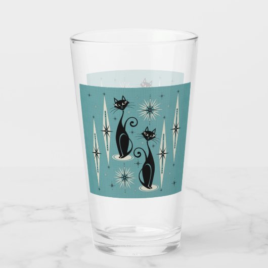Mitte Jahrhundert bedeutet Retro Atomkatzen auf bl Glas (Rückseite)
