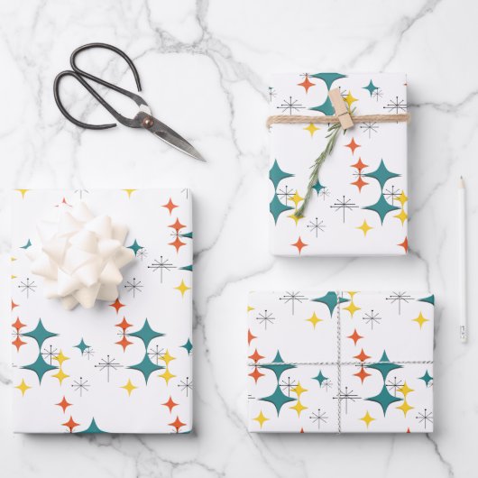 Mitte Jahrhundert Diamonds Sternexplosionen Türkis Geschenkpapier Set (Vorderseite)