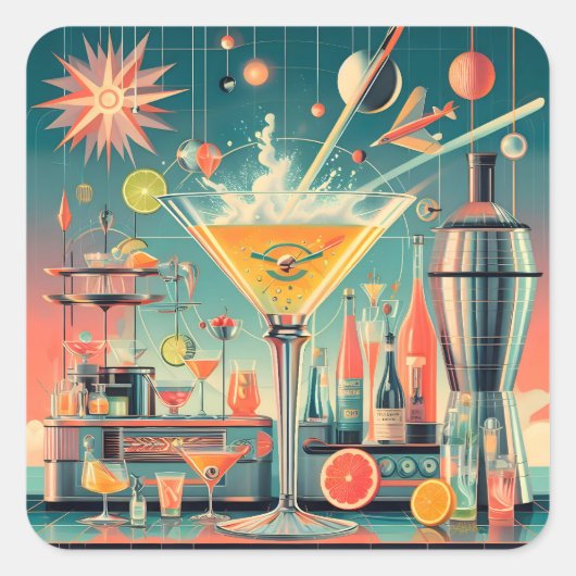 Mitte Jahrhunderts Atomusiontic Citrus Martini Bar Quadratischer Aufkleber (Vorderseite)