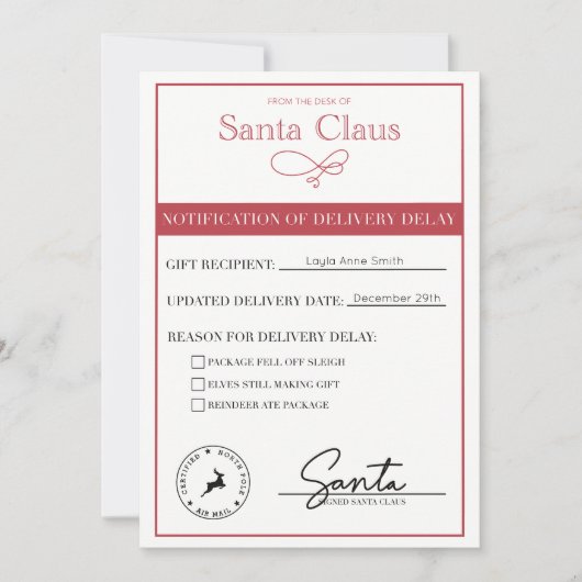 Mitteilung der Lieferverzögerung Feiertagskarte (Vorderseite)