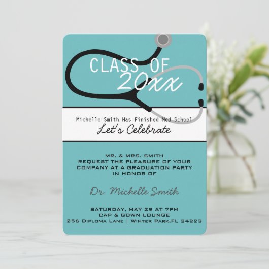 Mitteilung Stethoskop-Arzt-Abschluss Einladung (Stehend Vorderseite)