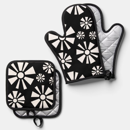 Mittelalter Moderne Blume Schwarz-weiß Ofenhandschuh & Topflappen-Set (Vorderseite/Rückseite)