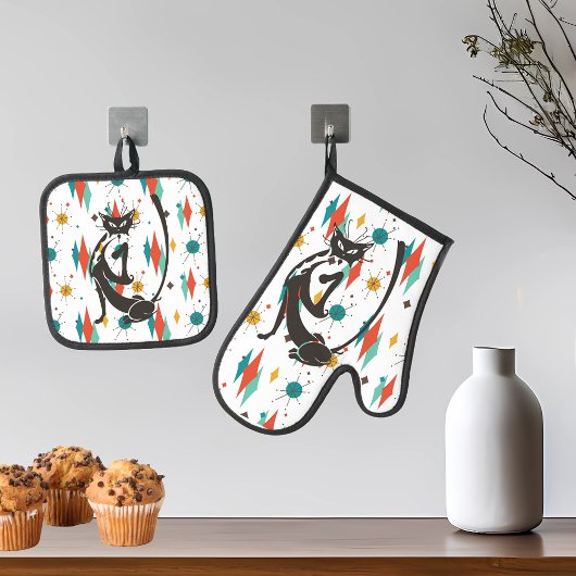Mittelalter Moderne Coole Kat 50er Ofenhandschuh & Topflappen-Set