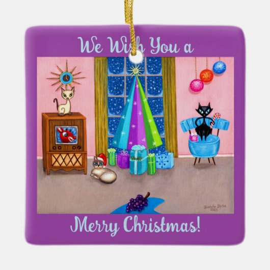 Mittelalter Moderne Weihnachtszeit Atomic Age Cats Keramikornament (Vorderseite)