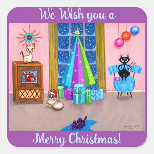 Mittelalter Moderne Weihnachtszeit Atomic Age Cats Quadratischer Aufkleber (Vorderseite)