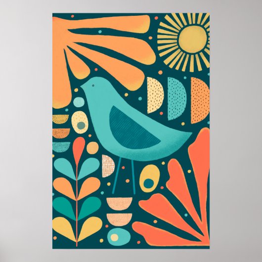 Mittelalter Moderner Inspirierter Vogel und Blätte Poster (Vorne)