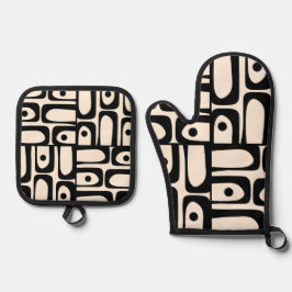 Mittelalter Modernes Abstraktes Piquet Schwarz und Ofenhandschuh & Topflappen-Set
